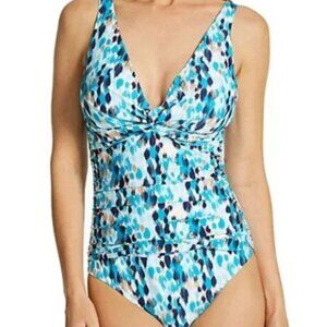 NWT La Blanca Seaglass Shores Twist Mio One Piece Swimsuit, Aqua, Size 14